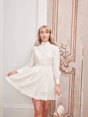 Flossy By Freddy Fay Dress Cream Linen Lace High Neck Cottagecore NWT XS